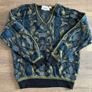 Carlo Colucci Size 50 Wool Blend Vintage Geometric Knit Sweater Blue Green